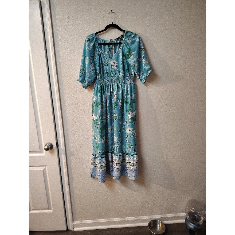 Suzanne Betro Turquoise Floral Smocked Midi Dress Short Puff Sleeve Boho Small